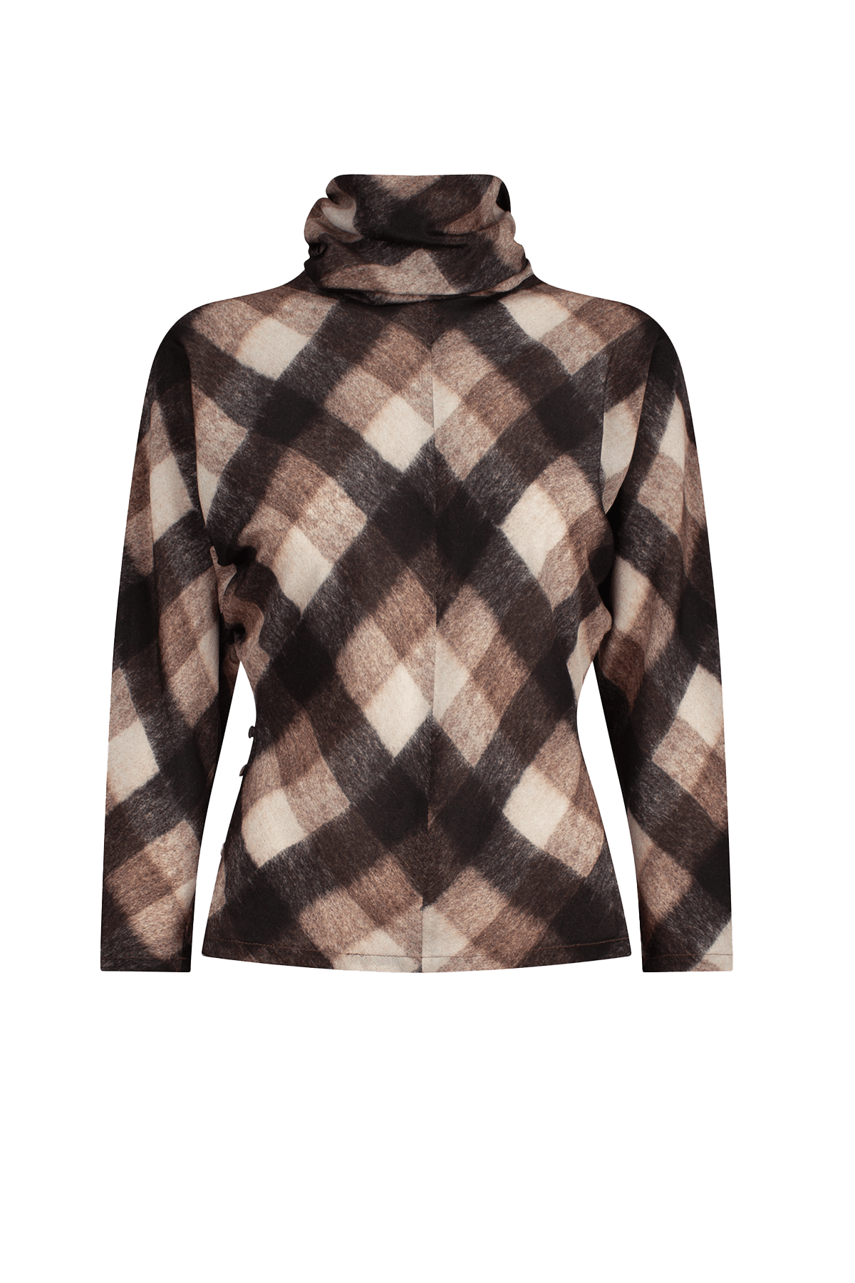 Brown and black check top with asymmetrical buttoned neckline and long sleeves.