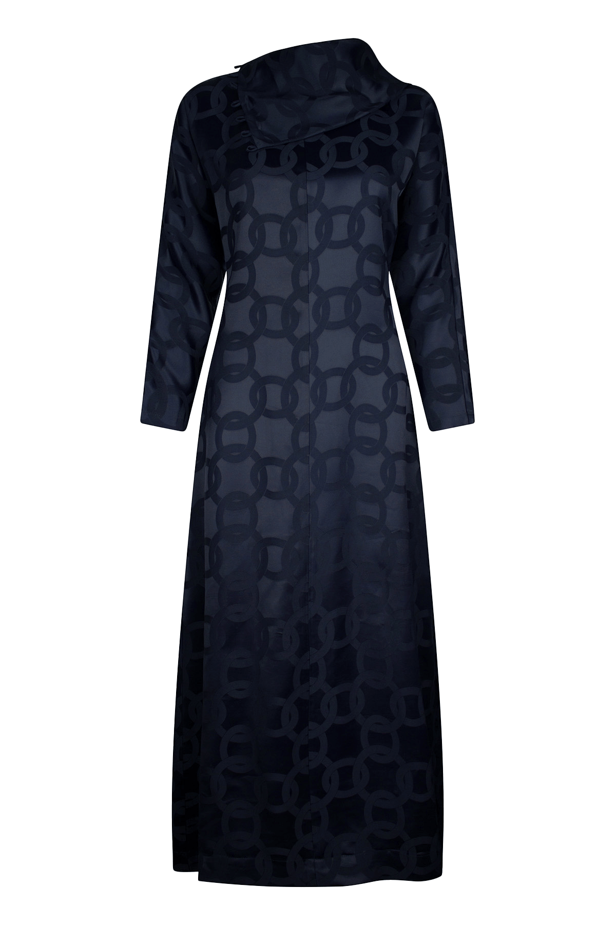 black dress with an asymmetrical neckline and subtle geometric jacquard pattern.
