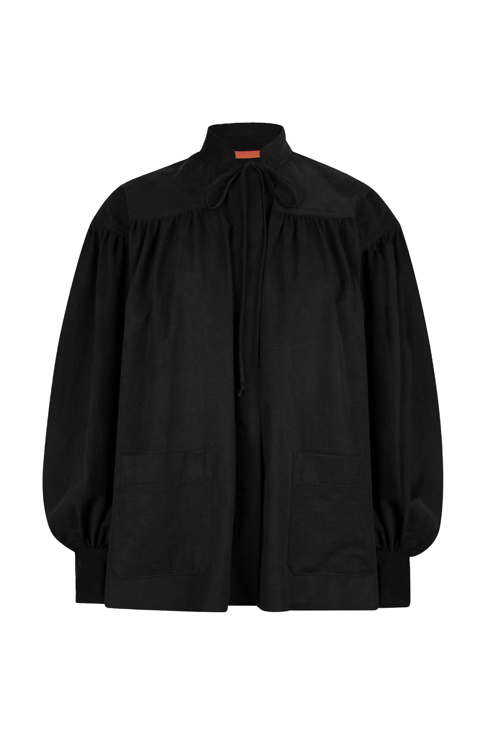 black checked shirt with a tie-neck detail, front button closure, and long voluminous balloon sleeves gathered at the wrists.