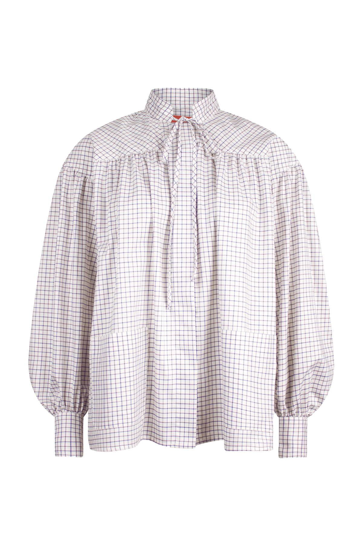 White checked shirt with a tie-neck detail, front button closure, and long voluminous balloon sleeves gathered at the wrists.