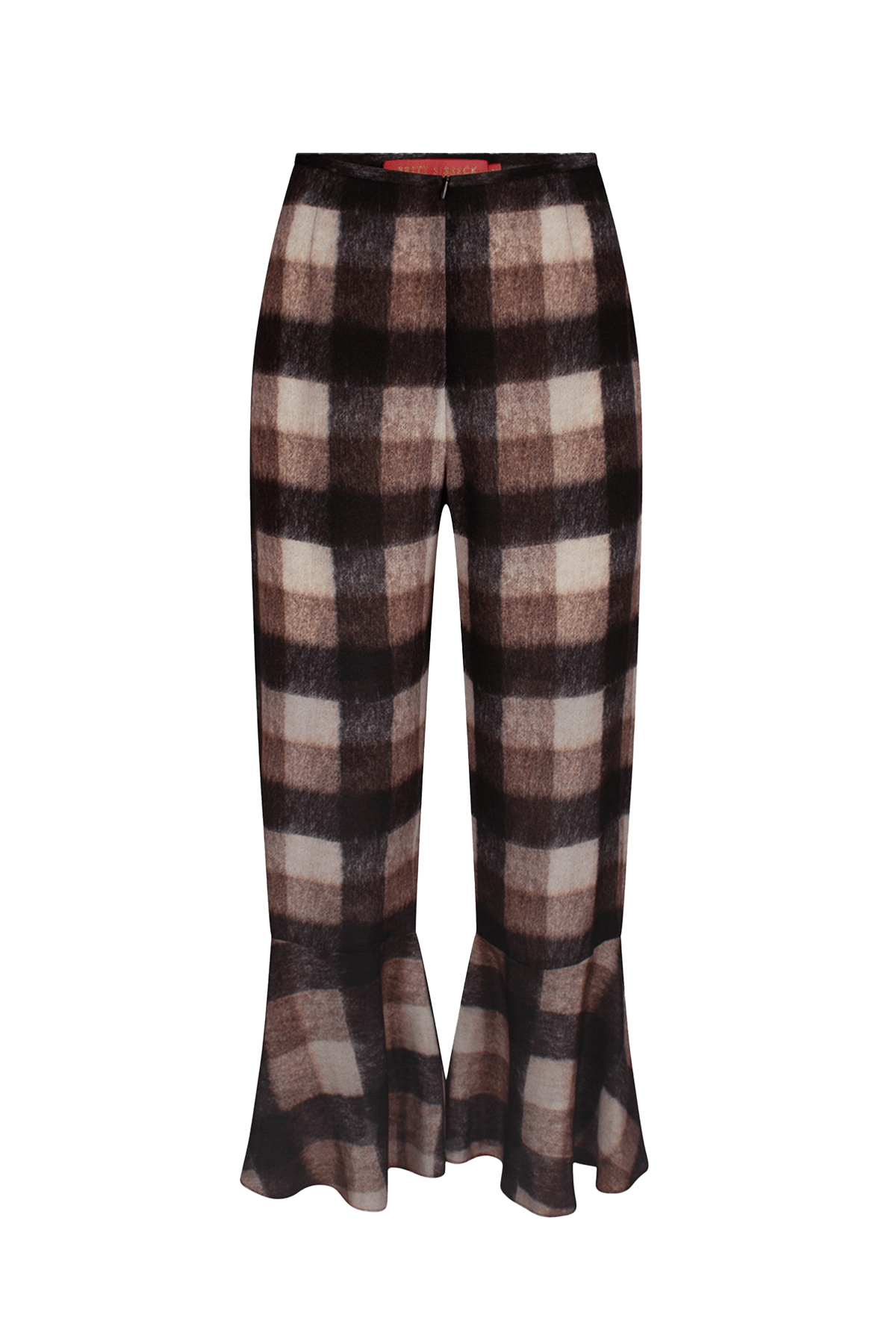 Checked flared pants with ruffled hems in brown and black tones.