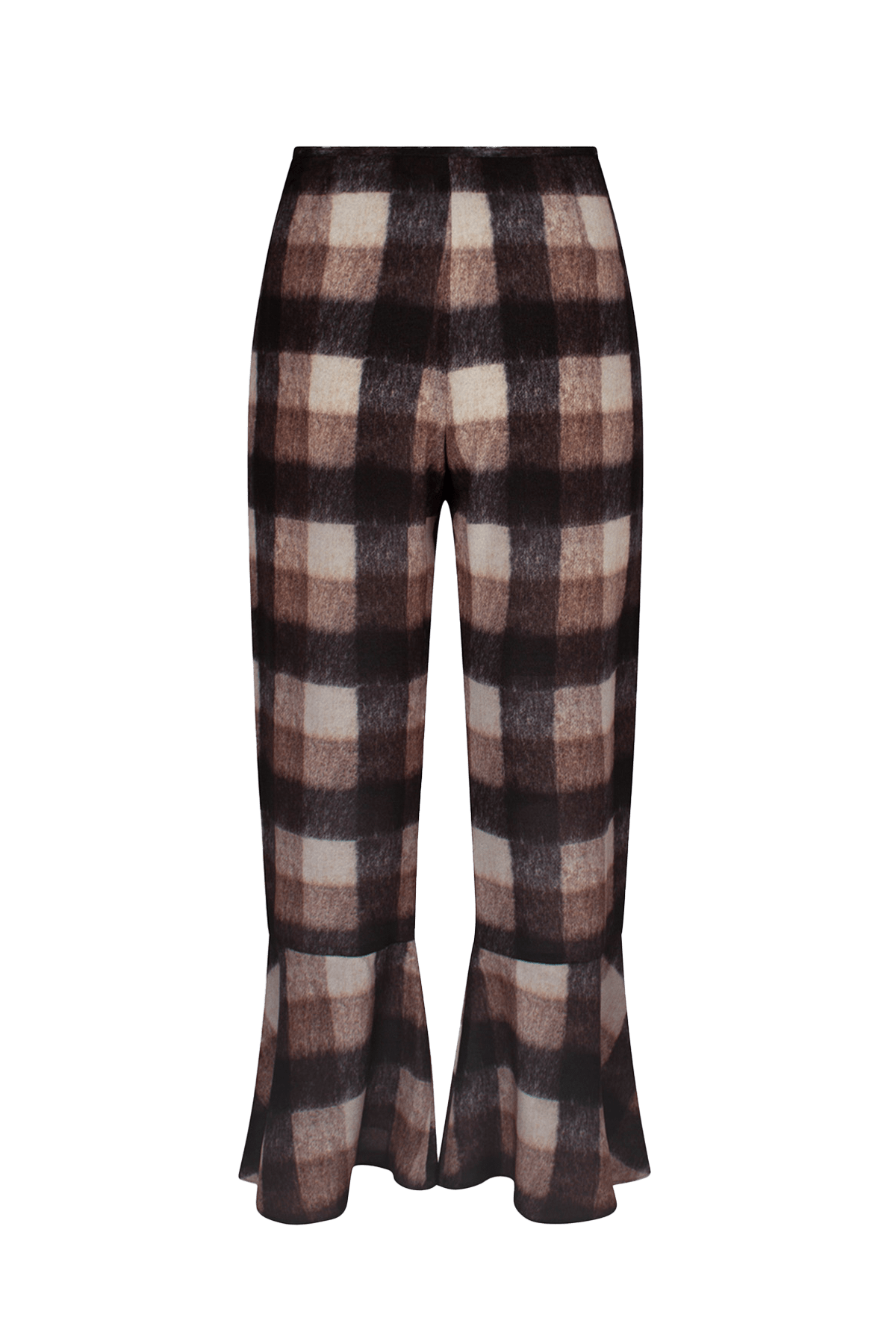 Checked flared pants with ruffled hems in brown and black tones.