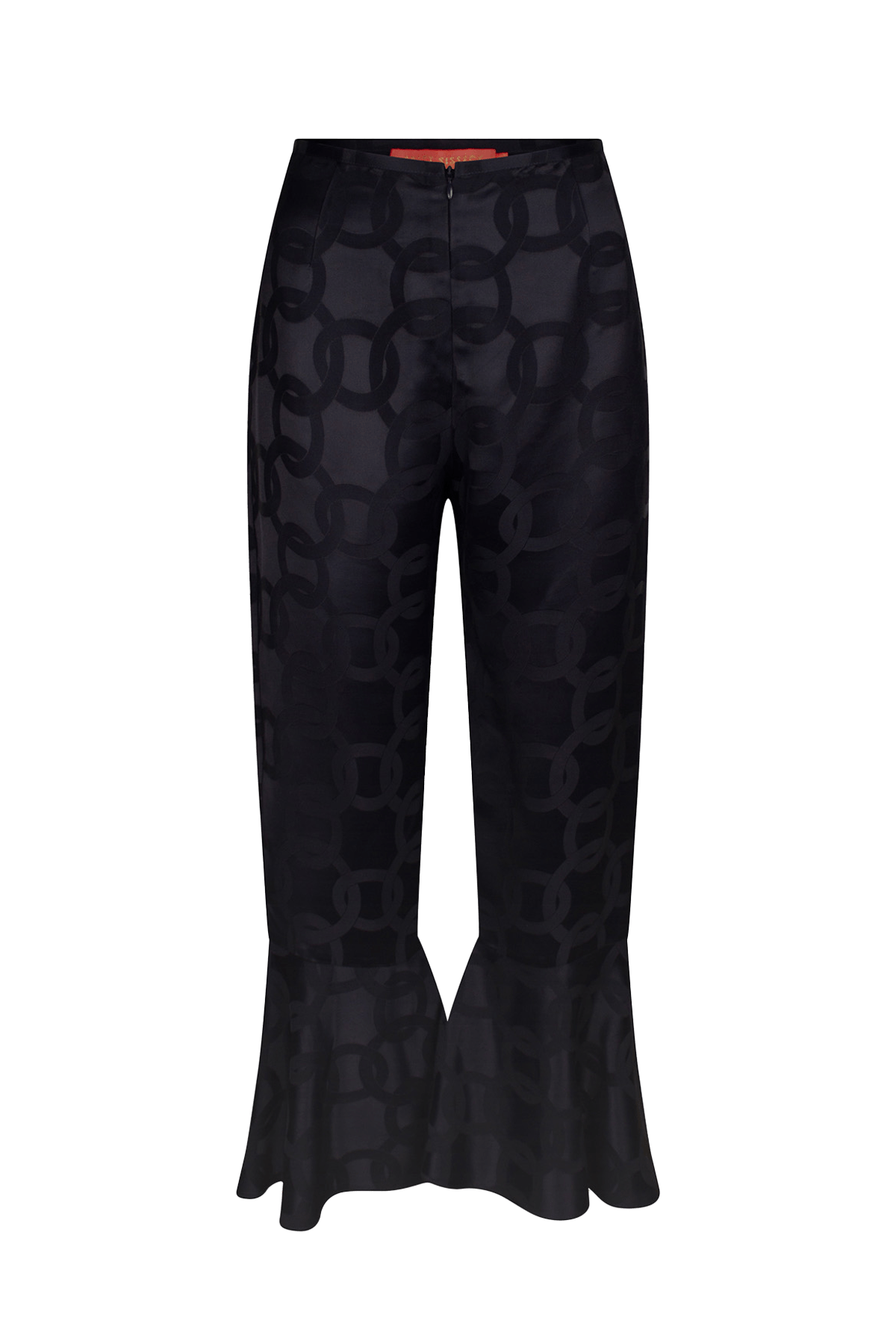 Kasey trousers in dark blue satin jacquard with flounced hem.