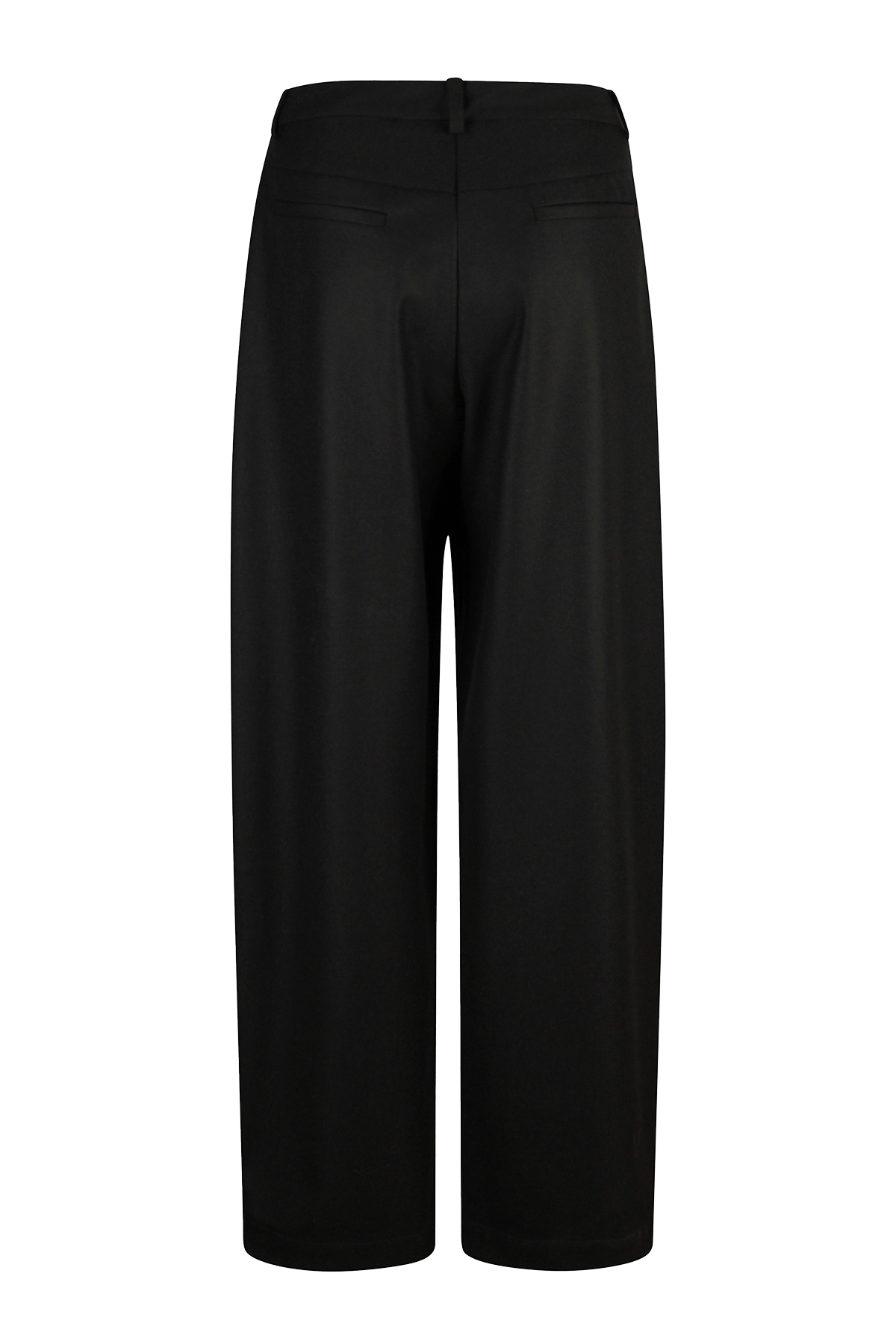 Back view of high-waisted black wool trousers featuring sleek welt pockets.
