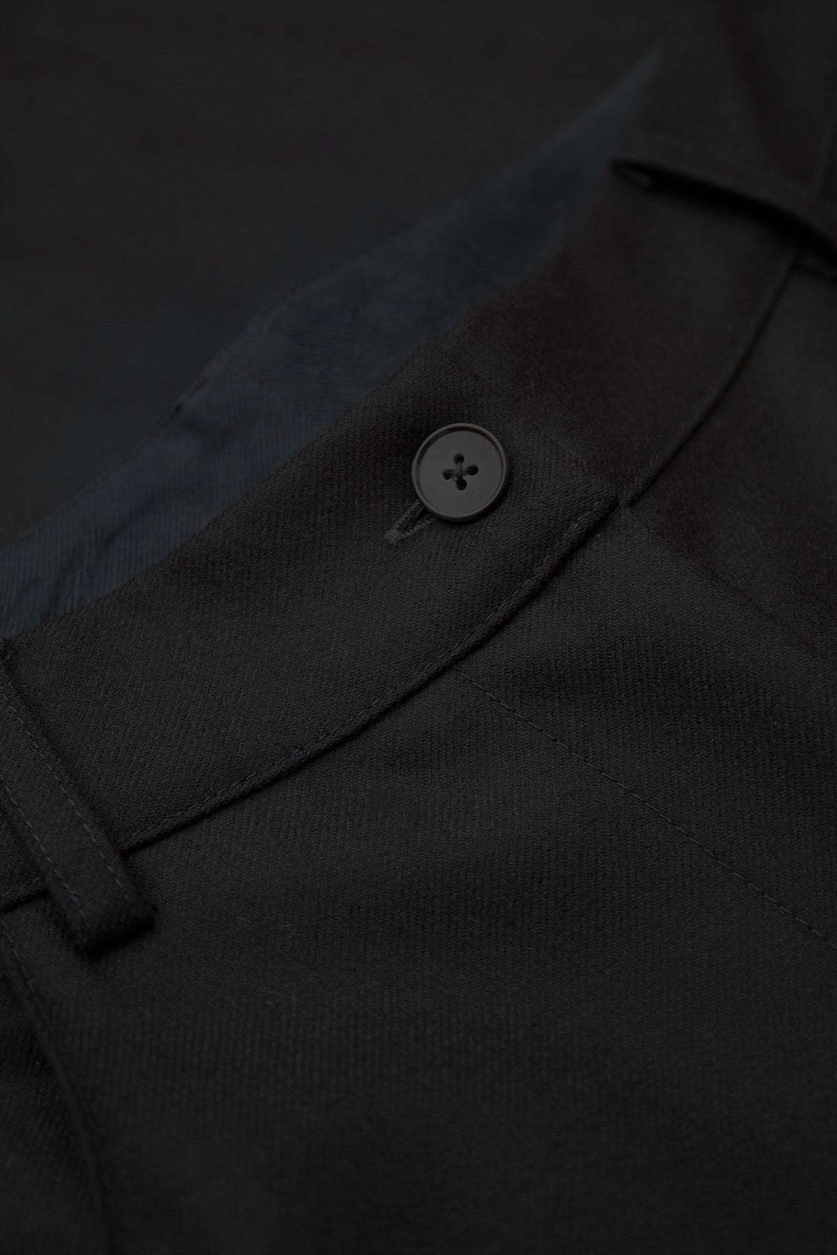 Detailed close-up of button and zip closure on the black wool trousers.