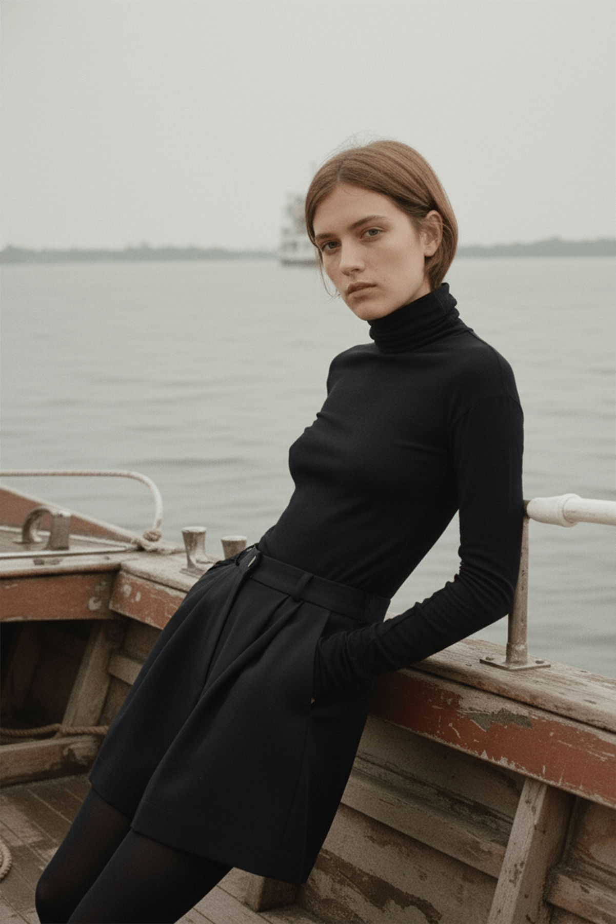 girl standing on a boat wearing a black jersey turtleneck