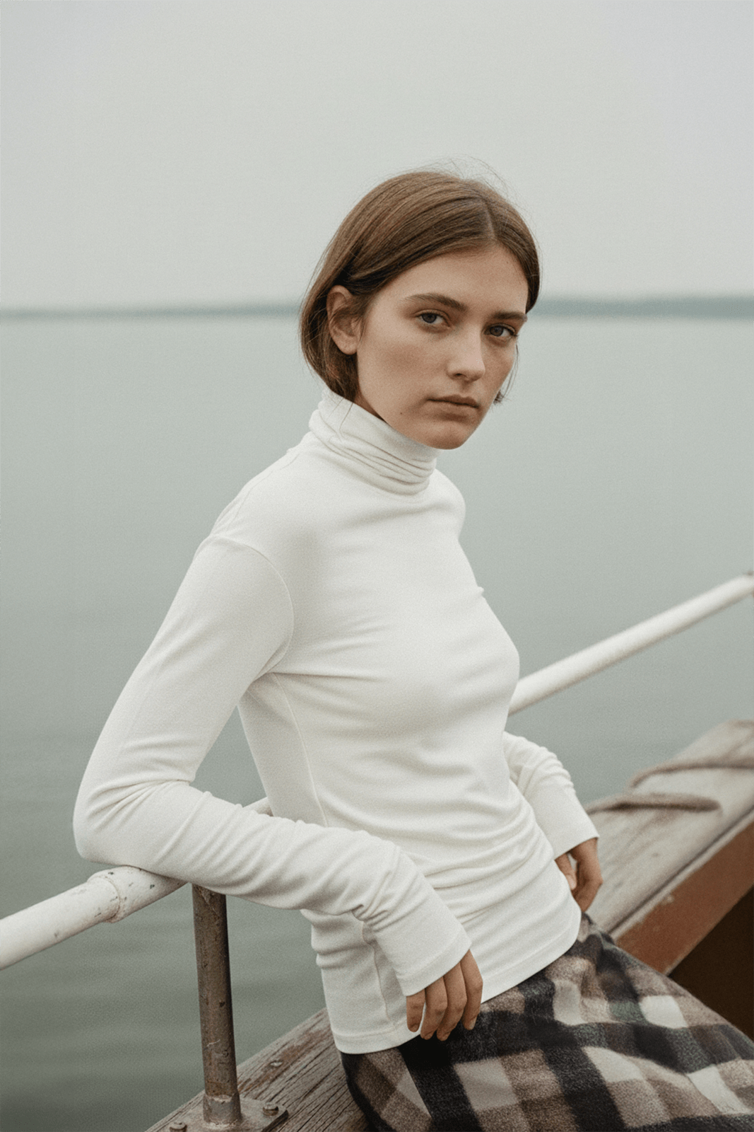 girl on a bout in a white jersey cashmere turtleneck