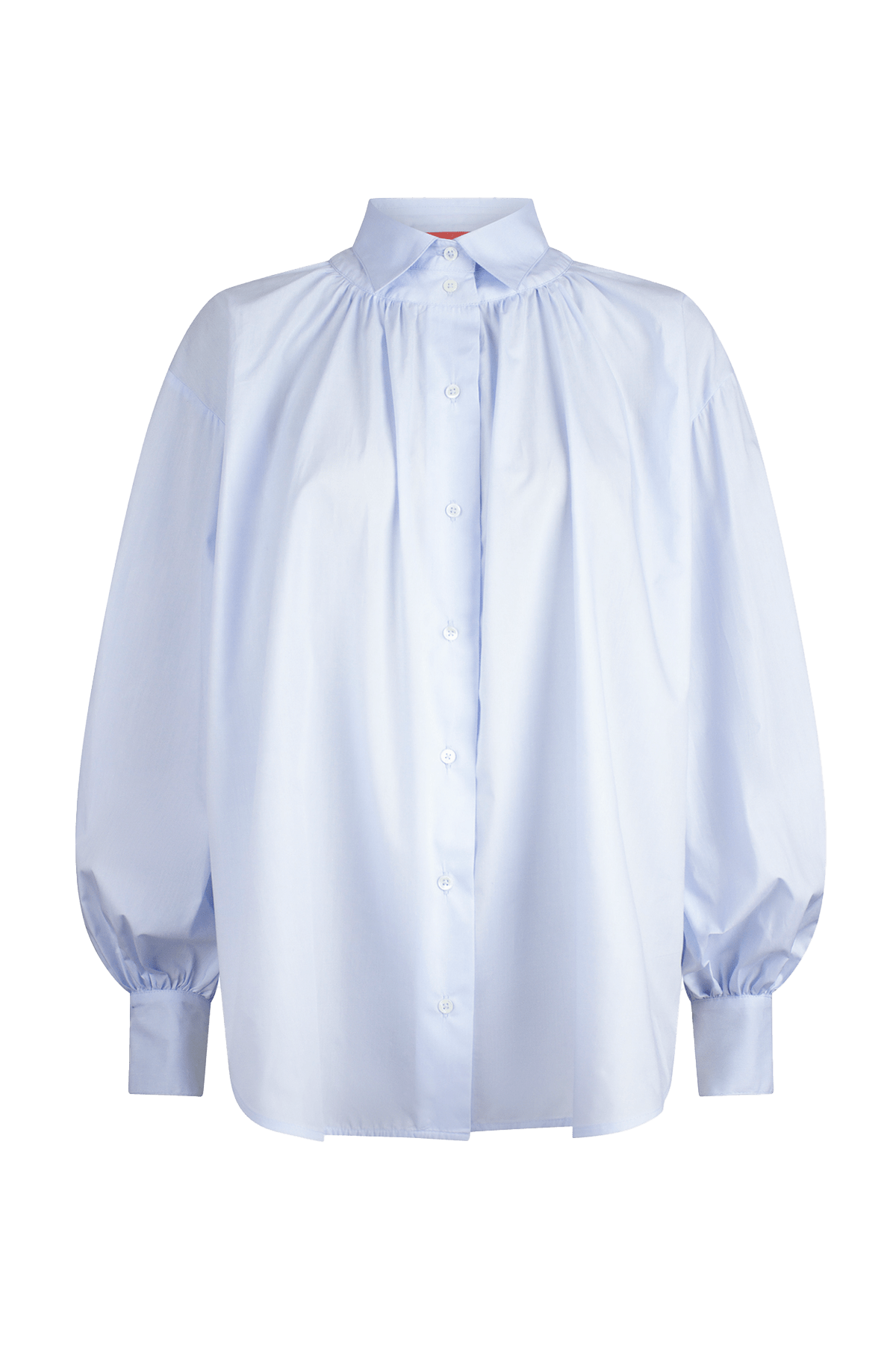 light blue blouse with front button closure, and long voluminous balloon sleeves gathered at the wrists.
