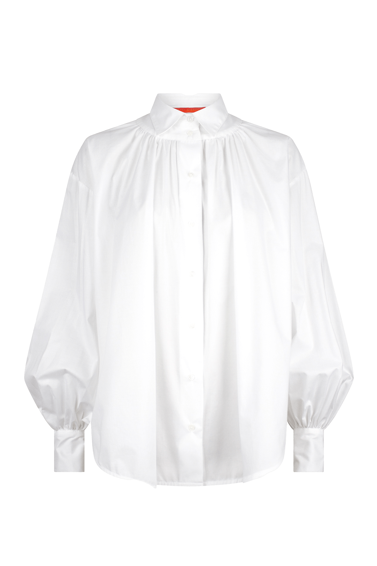 White blouse with front button closure, and long voluminous balloon sleeves gathered at the wrists.