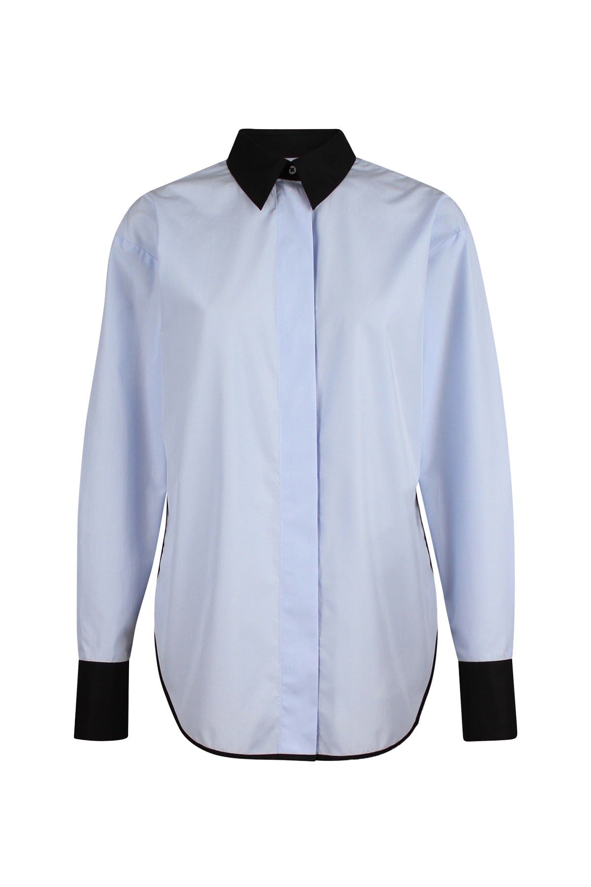 Front view of the Vega contrast collar shirt, featuring a blue base with black contrasting collar and cuffs.