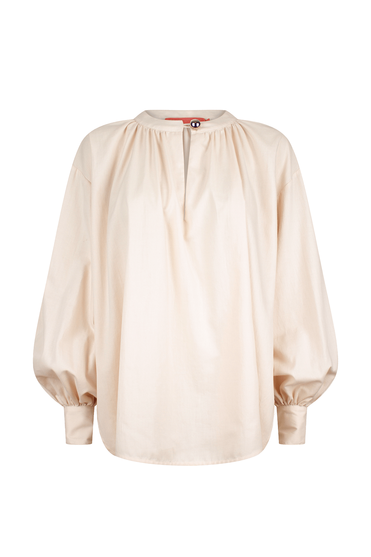 Cream blouse with a front button closure, and long voluminous balloon sleeves