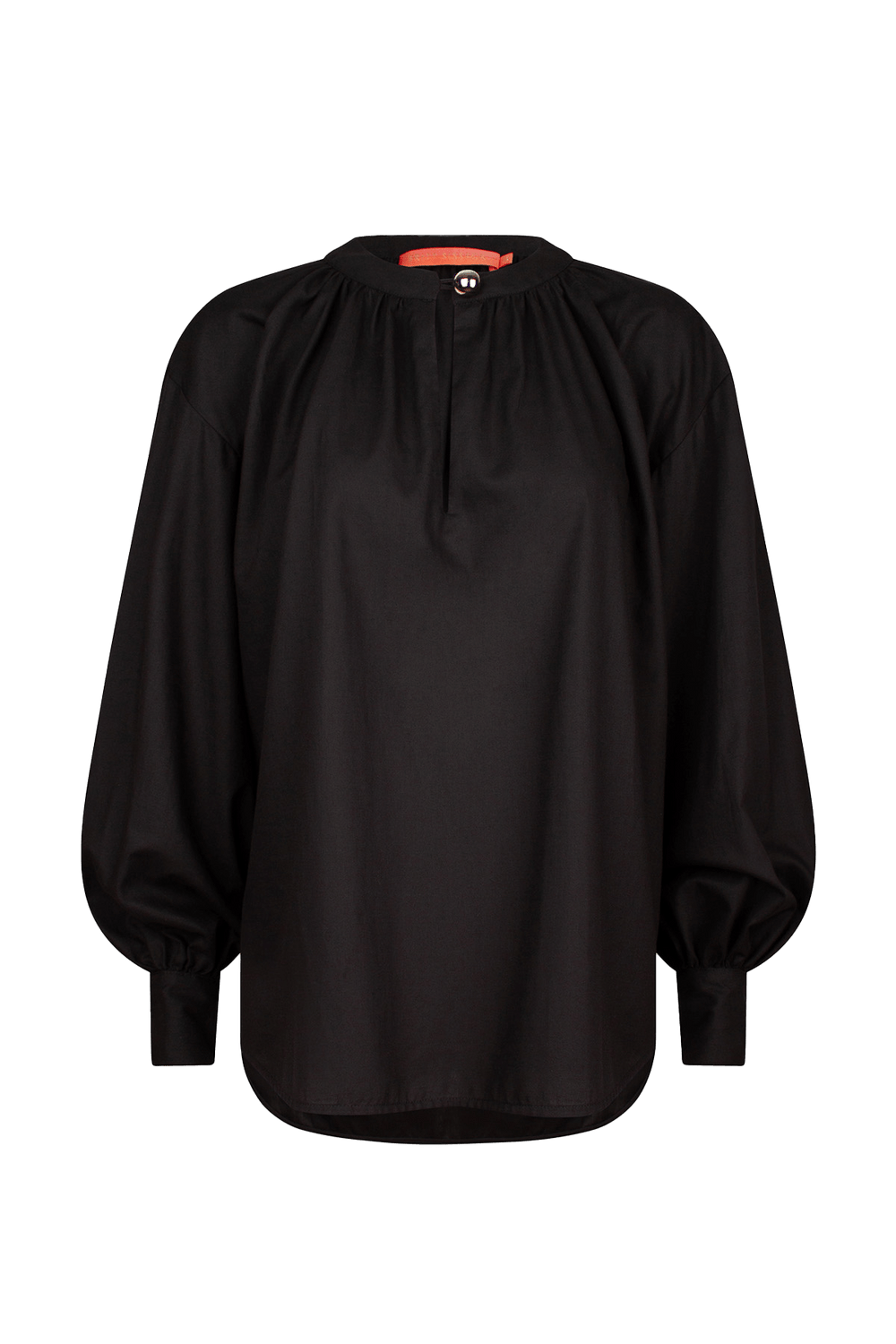 black blouse with a front button closure, and long voluminous balloon sleeves