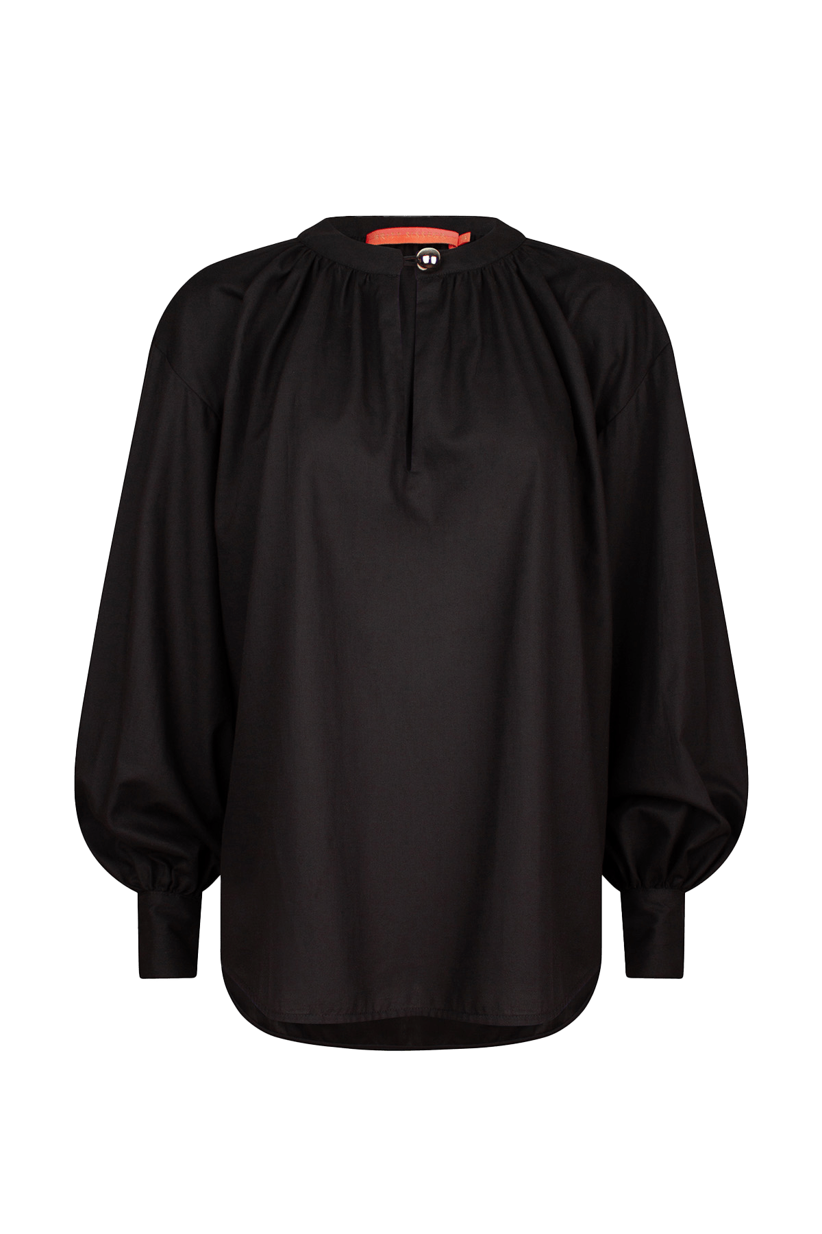 black blouse with a front button closure, and long voluminous balloon sleeves