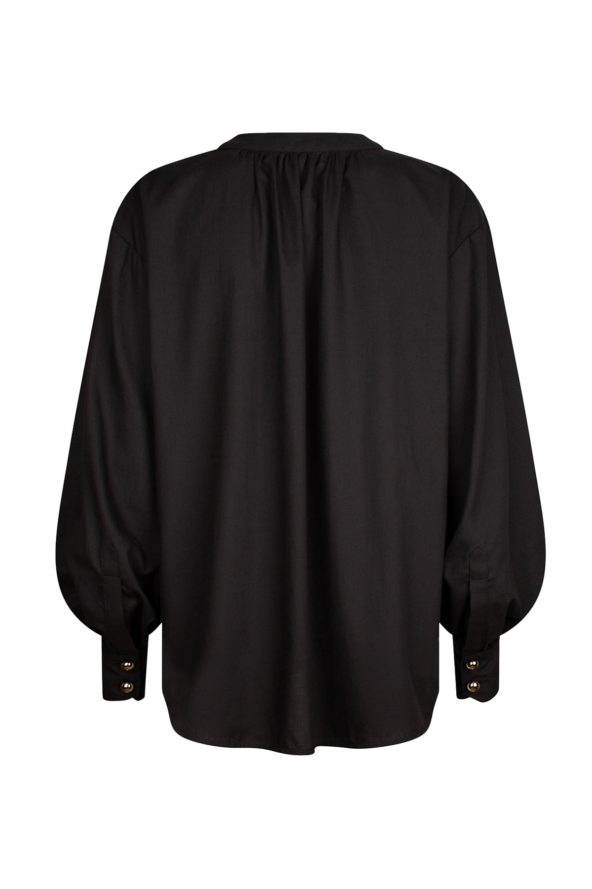 Black blouse with a front button closure, and long voluminous balloon sleeves